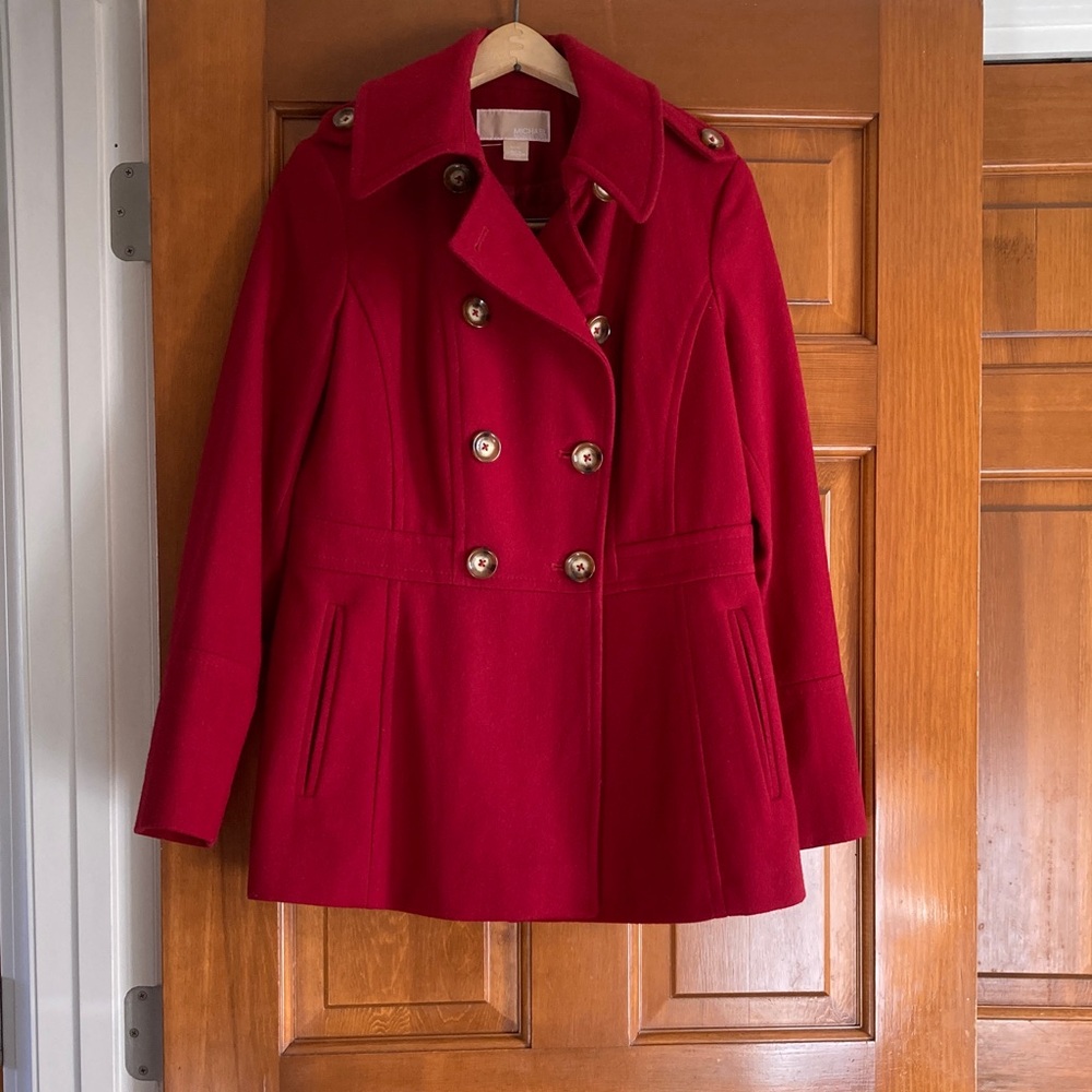Michael Kors Double-Breasted Red Pea Coat